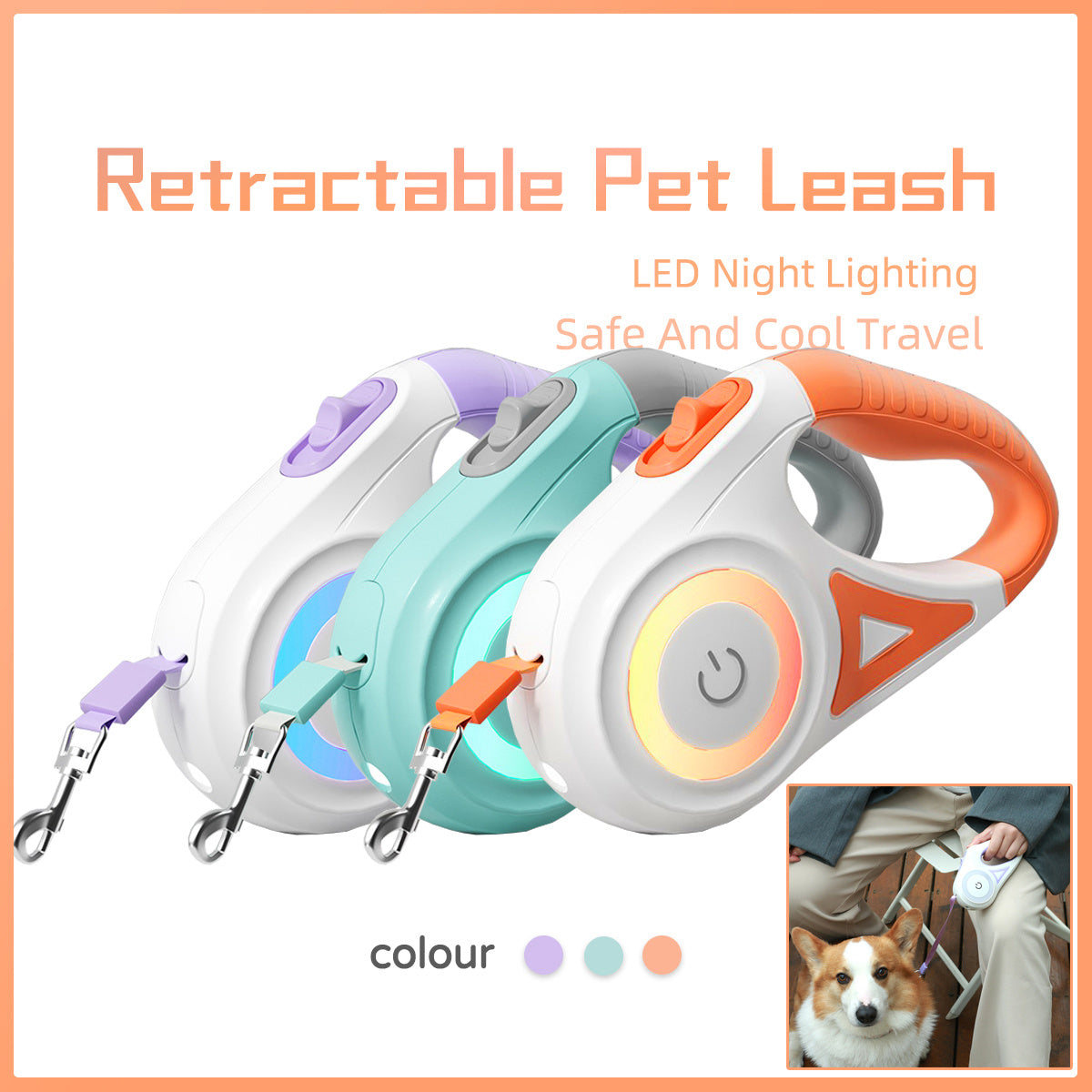 GlowGuide - Retractable Dog/Cat Leash With LED Handle & Built-In Spotlight